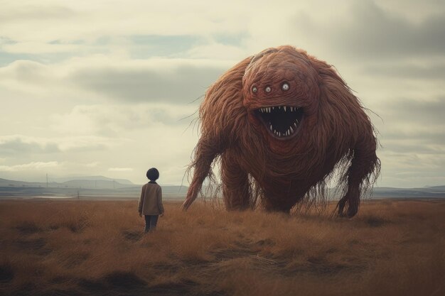 Photo child encountering mythical beast in surreal landscape