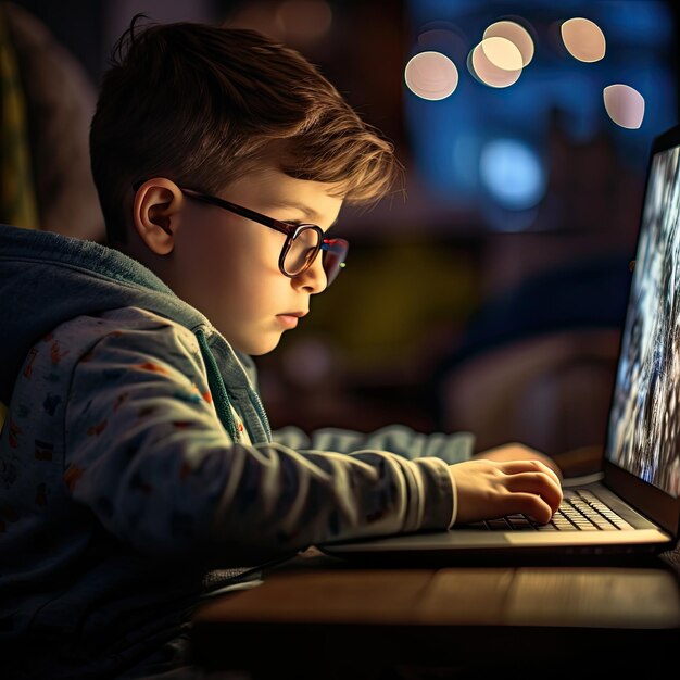 Photo child engrossed in online learning