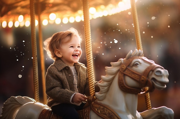 A child enjoying a carousel ride with a beaming smile Children's Day