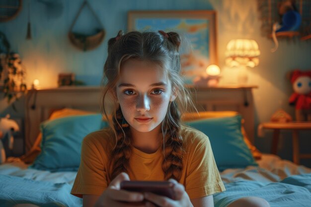 A child enjoying herself while playing a game on her smartphone in her room Ai generative