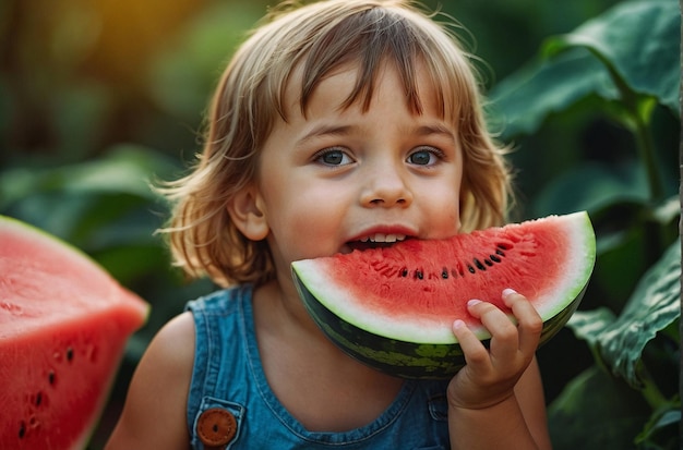 子供が屋外でスイカを食べている