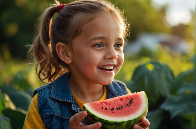 子供が屋外でスイカを食べている