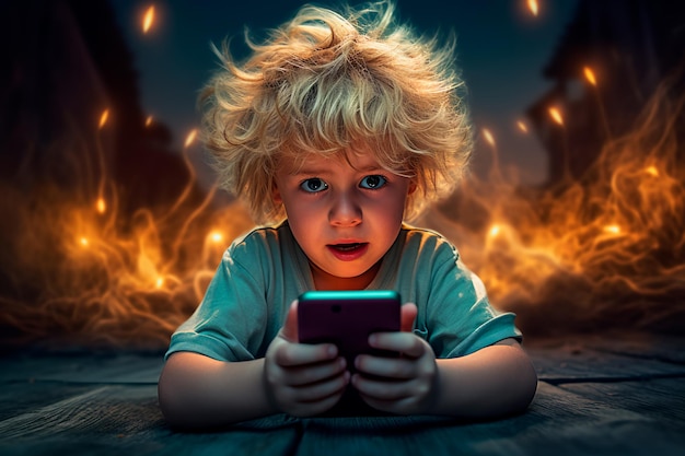 A child enthusiastically plays with a smartphone Addiction to smartphones in children AI Generated