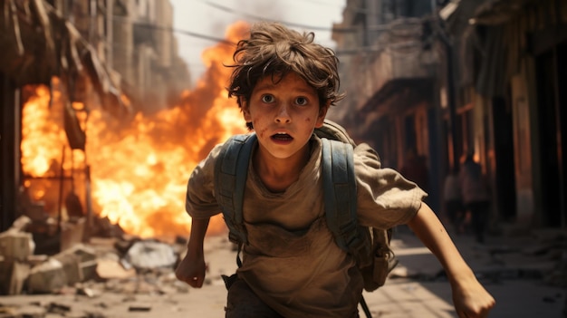 Ребенок убегает от ракетной атаки испуганный мальчик бежит по улице на фоне огня Лицо шокированного ребенка в городе во время войны Концепция конфликта Израиля и Палестины школа подросткового террора ужас генеративный ИИ