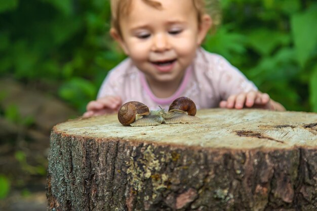 子供は木の上のカタツムリを調べます選択的な焦点