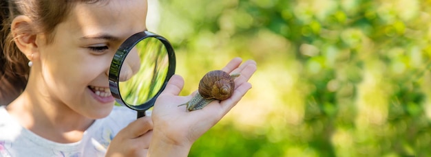 子供は木の上のカタツムリを調べます選択的な焦点