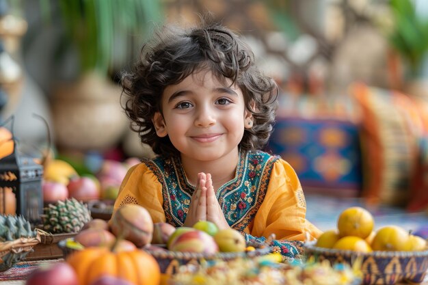 Ребенок с волнением готовит украшения для Рамадана