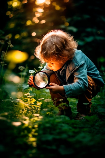 Photo a child explores nature with a magnifying glass generative ai kid