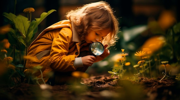 Foto un bambino esplora la natura con una lente d'ingrandimento generative ai kid