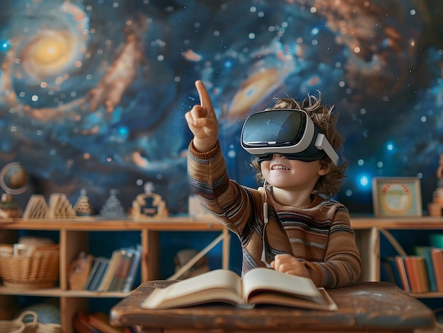 Child Exploring the Cosmos through Virtual Reality Immersion in a Cozy Home Library Setting