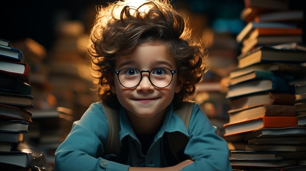 Foto bambino con gli occhiali seduto con una pila di libri