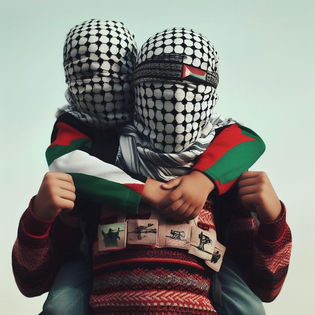 Photo the child faces the crisis with a smile he did not forget his case he wears a keffiyeh