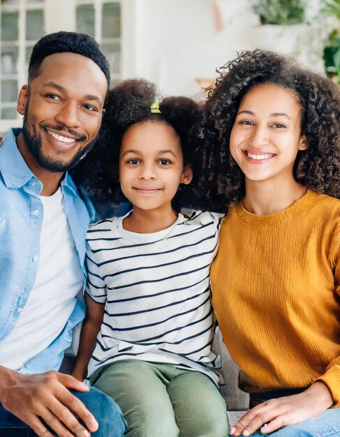 child family mother portrait father woman happy daughter on home sofa man girl female black american