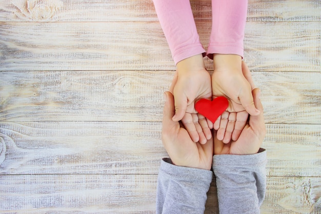 Bambino e padre hanno un cuore nelle loro mani. messa a fuoco selettiva