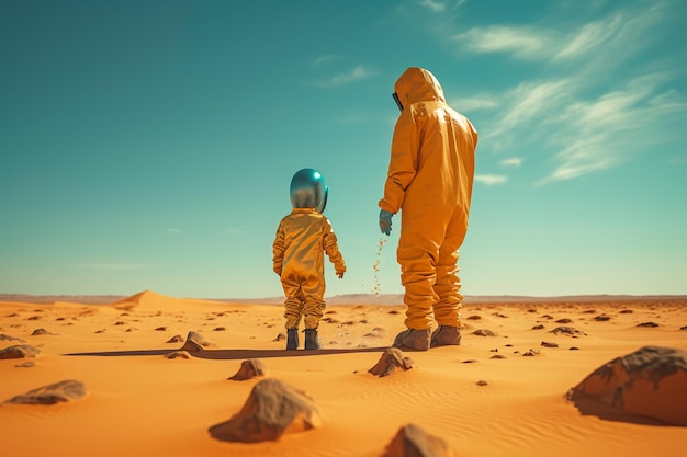 A child and a father in radiation protective suits the world after a nuclear explosion AI Generate