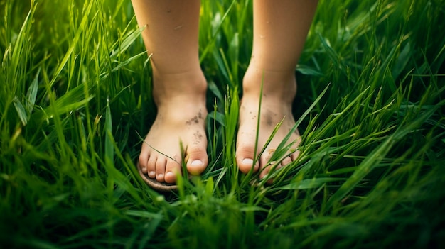 Photo child feet on the grass generative ai kid