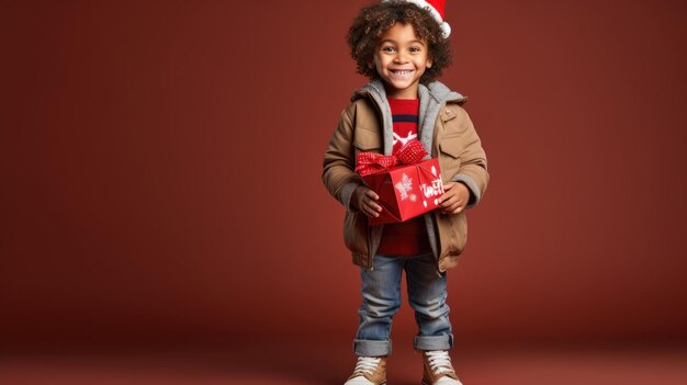 A child in a festive holiday outfit holding a gift