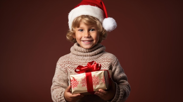 A child in a festive holiday outfit holding a gift