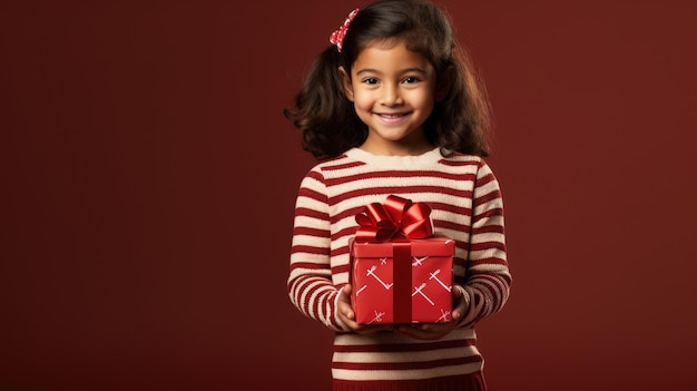 A child in a festive holiday outfit holding a gift