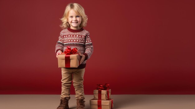 A child in a festive holiday outfit holding a gift