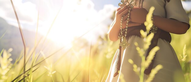 Photo a child in a field of grass holding a rosary