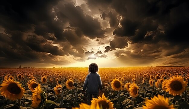 Child in a field of sunflowers