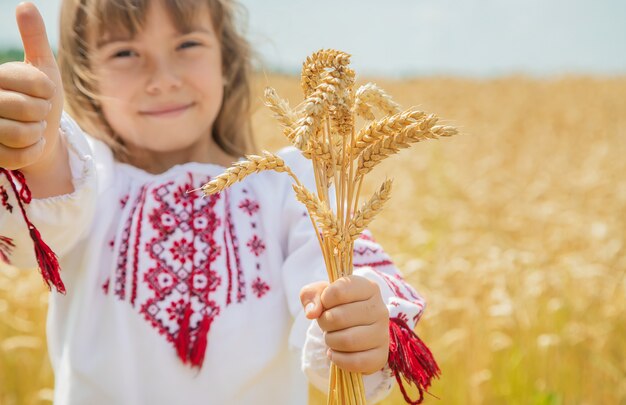 A child in a field of wheat in an embroidered shirt.