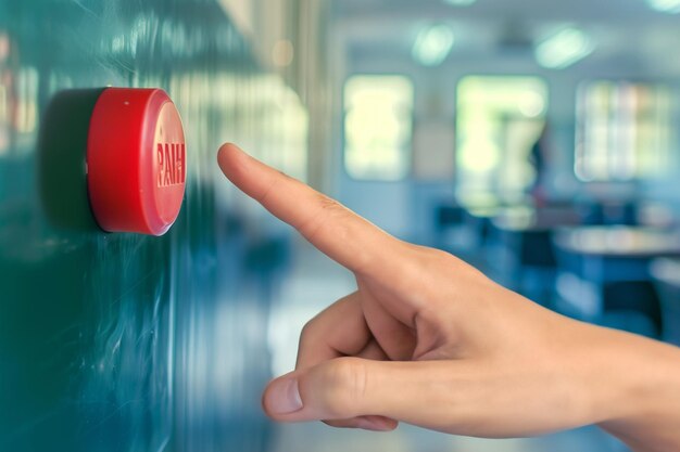 Child finger reaching to alarm button on wall in classroom