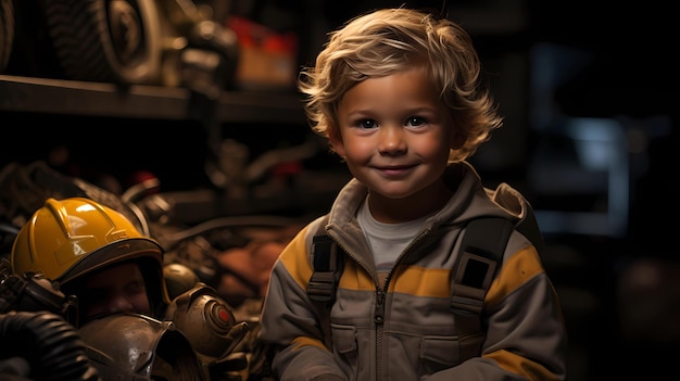 a child in a firefighter uniform and helmet