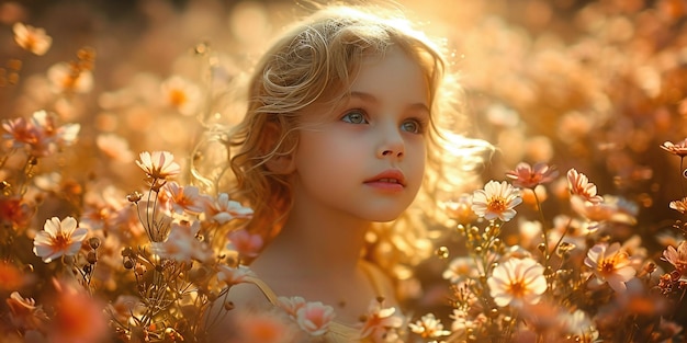 Child in flower field golden light serene nature summer blooms portrait of innocence