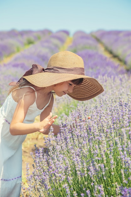 Ребенок в цветущем поле лаванды.