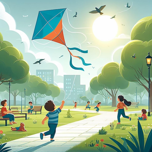 A child flying a kite in a park with other kids playing in the background