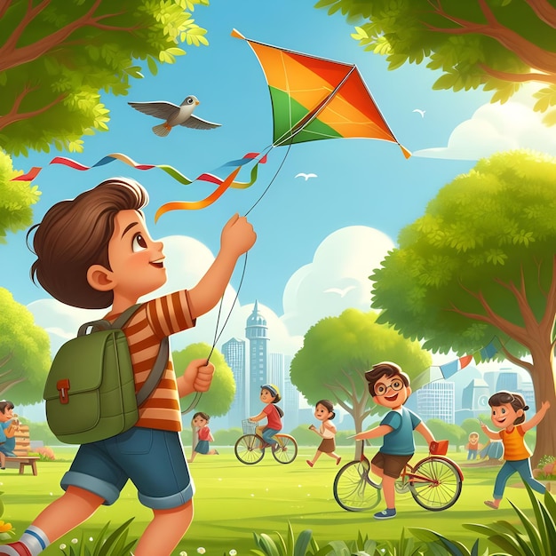 A child flying a kite in a park with other kids