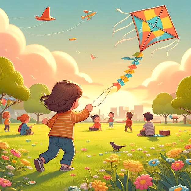 A child flying a kite in a park with other kids