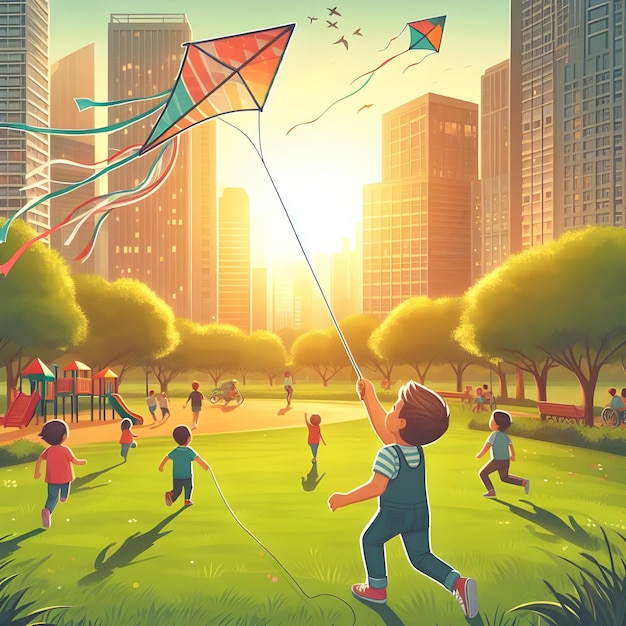 A child flying a kite in a park with other kids