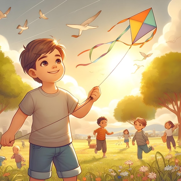 A child flying a kite in a park with other kids