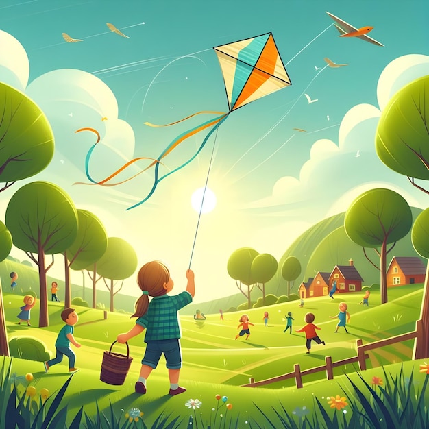 A child flying a kite in a park with other kids