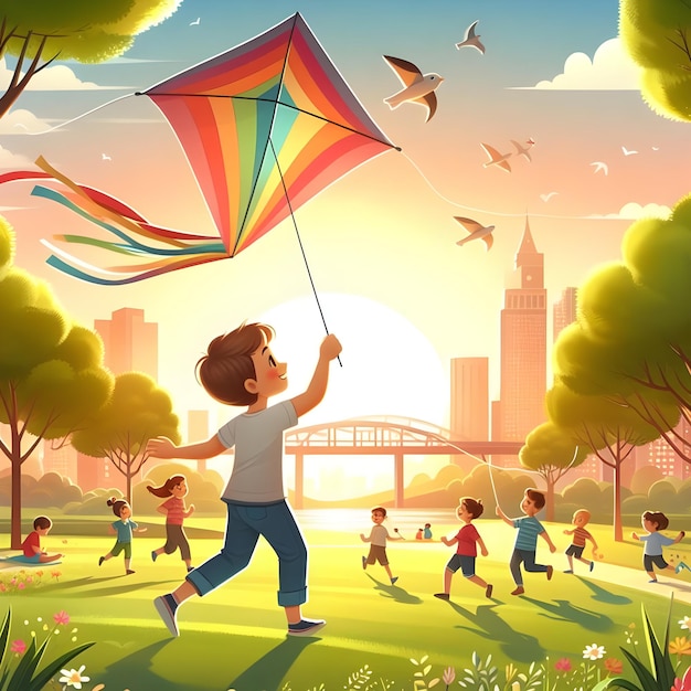 A child flying a kite in a park with other kids