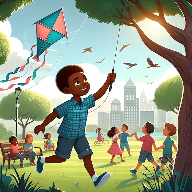 A child flying a kite in a park with other kids