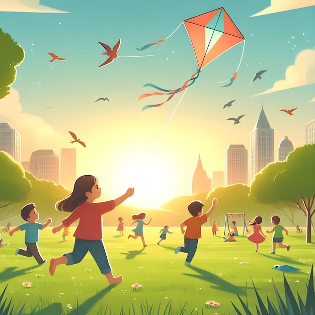 A child flying a kite in a park with other kids