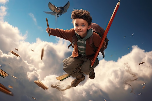 Child flying on a pencil magical adventure AI Generated