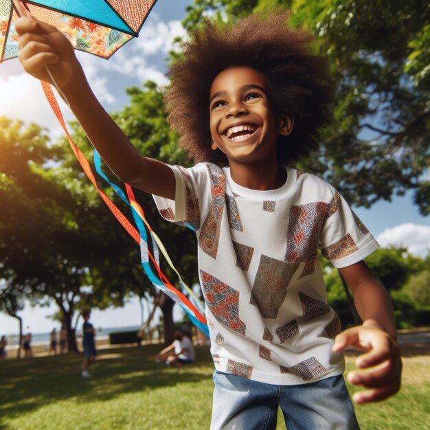 Photo child flying on a pencil with copy space