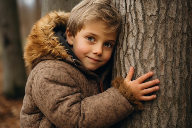 Child in forest hugging tree promoting sustainable living net zero emissions and carbon neutrality