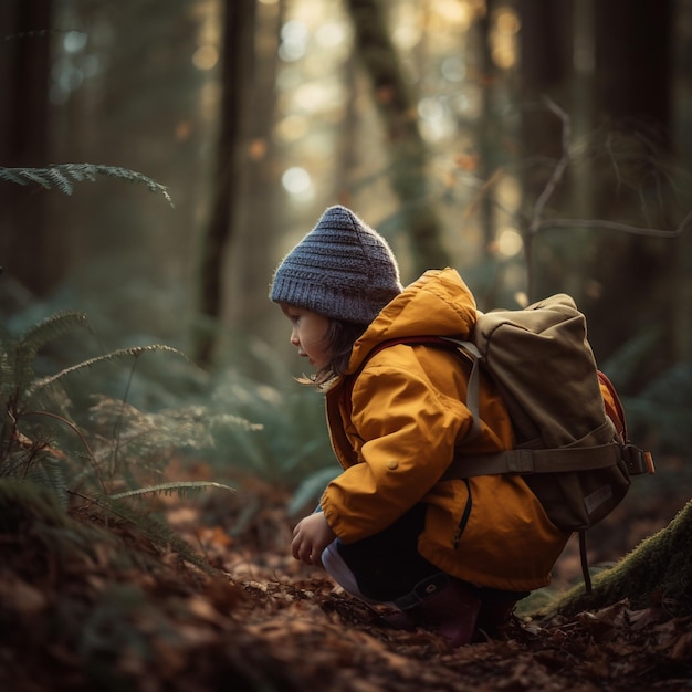 A child in a forest wearing a hat and a backpack