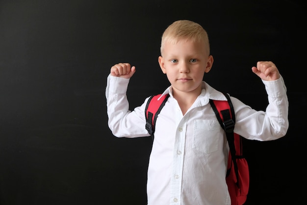 Child from elementary school with bag at blackboard. 