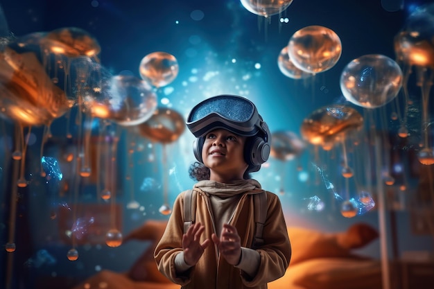 Foto un bambino del futuro sta imparando con il virtuale