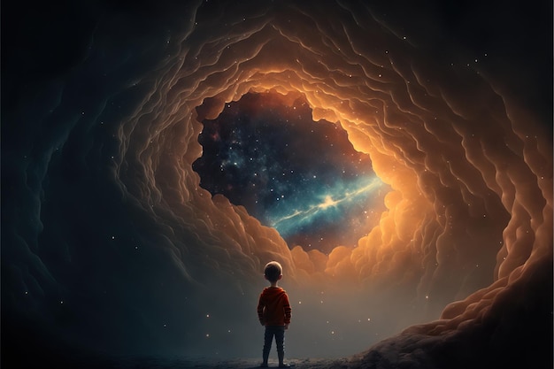 child from behind scrutinizing the infinity of the universe generative AI