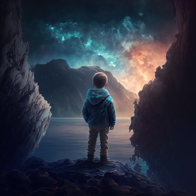 child from behind scrutinizing the infinity of the universe generative AI