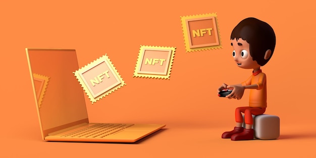 Ребенок-геймер, играющий в видеоигру с ноутбуком, получает не взаимозаменяемые токены NFT Copy space Мультфильм