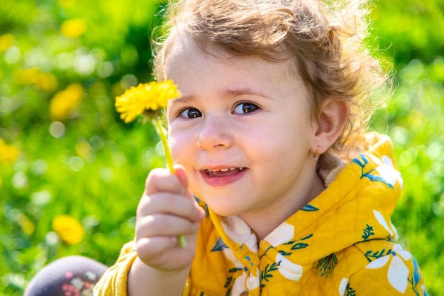 A child in the garden sniffs blooming dandelions in spring Selective focus